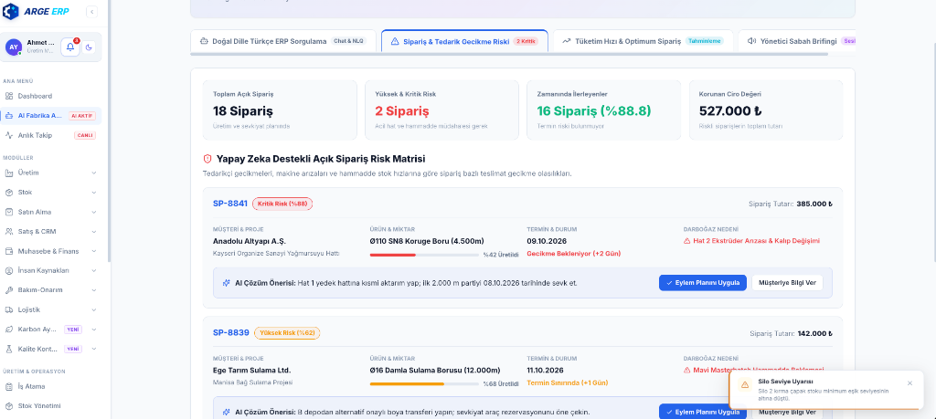 Arge ERP Yapay Zeka Destekli Açık Sipariş Risk Matrisi